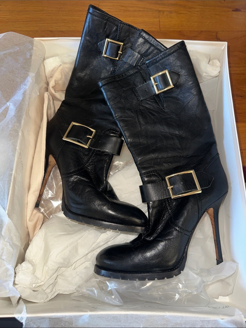 Jimmy Choo “Galen” Biker Leather Unlined Black Mid-Calf Stiletto Boots